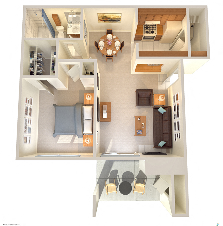 Floor plan for 1 bed, 1 bath, 652 sqft